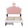 Twin Size Upholstered Princess Bed With Crown Headboard and 2 Drawers,Twin Size Platform Bed with Headboard and Footboard, Pink+White