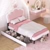 Twin Size Upholstered Princess Bed With Crown Headboard and 2 Drawers,Twin Size Platform Bed with Headboard and Footboard, Pink+White