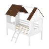 Twin Size Low Loft Wood House Bed with Two Side Windows (White+Brown)