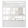 Full Size Loft Bed with Desk and Shelves, Two Built-in Drawers, Storage Staircase, White and Natural