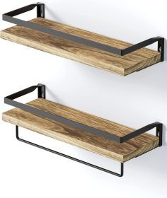 Floating bathroom shelf with towel rail; bathroom/living/kitchen/bedroom wall shelf set of 2; light brown; dark brown; black. (Color: Light Brown)